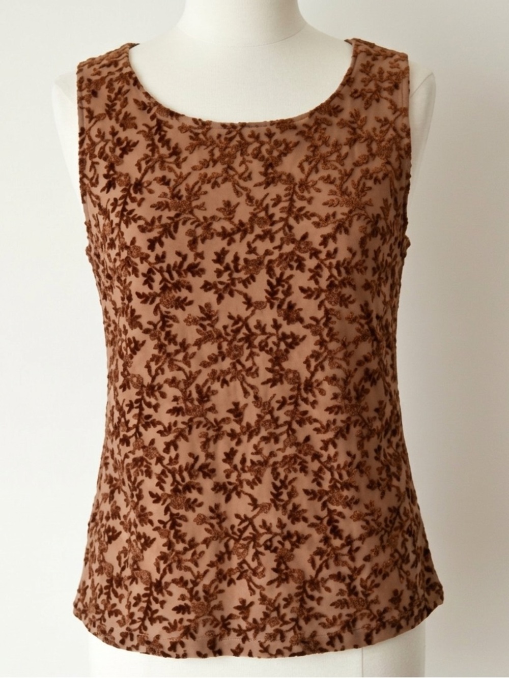 Vintage 90s Y2K Rave Velvet Flocked Floral Mesh Tank Top Brown Sz S Made in USA